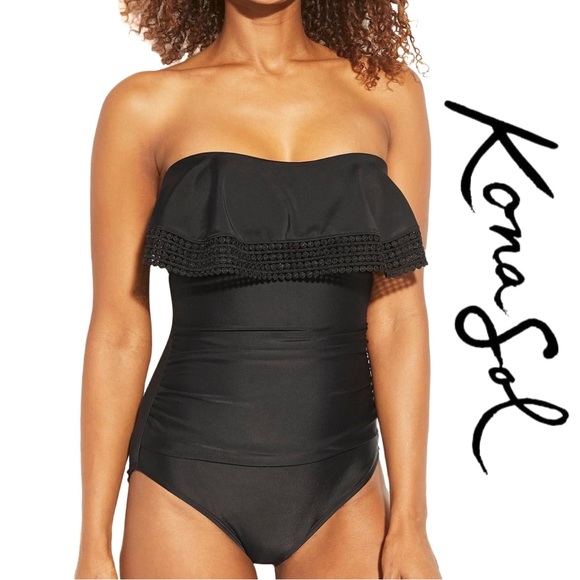 Kona Sol Jet Black Crochet Flounce Bandeau One-Piece Swimsuit - Picture 16 of 16